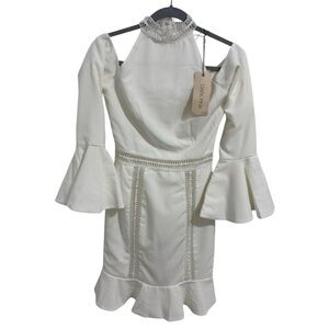 Dark Pink White‎ Lace Trim Cold Shoulder Ruffle Hem Mini Dress Size S NWT